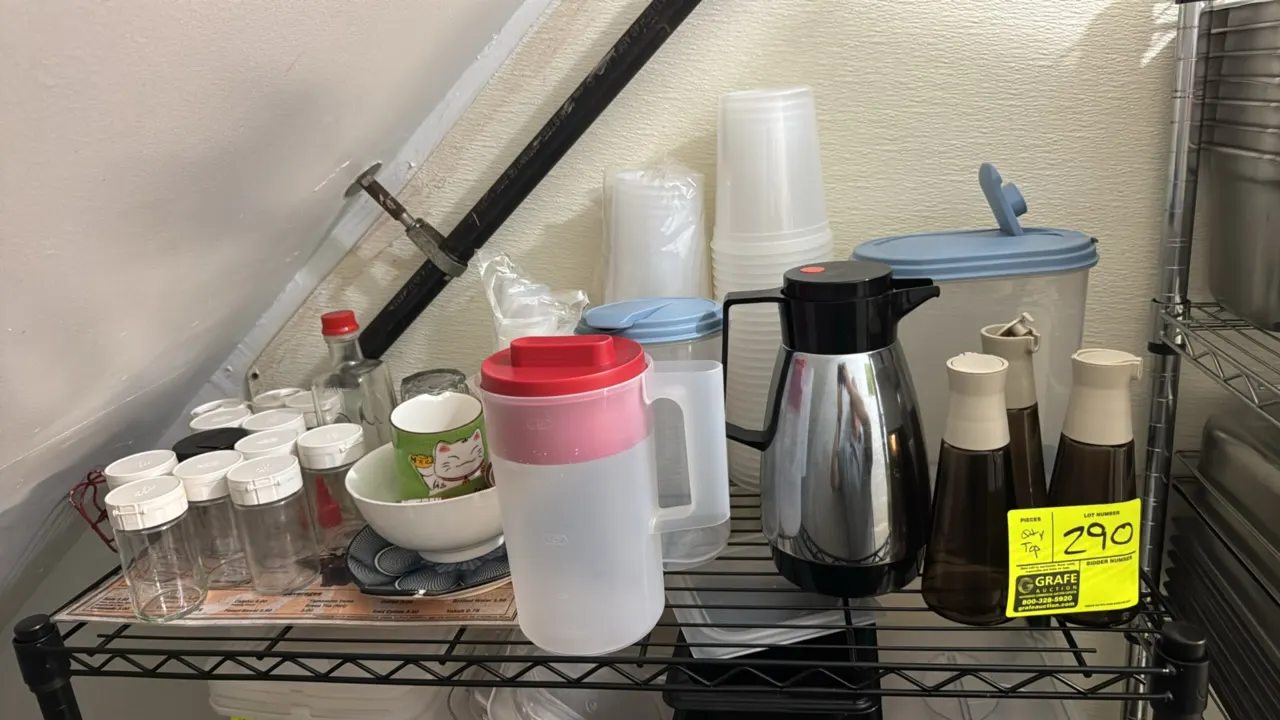 Package lot of assorted restaurant tableware and beverage service items. Includes stainless steel insulated beverage carafe, plastic pitchers, sauce a