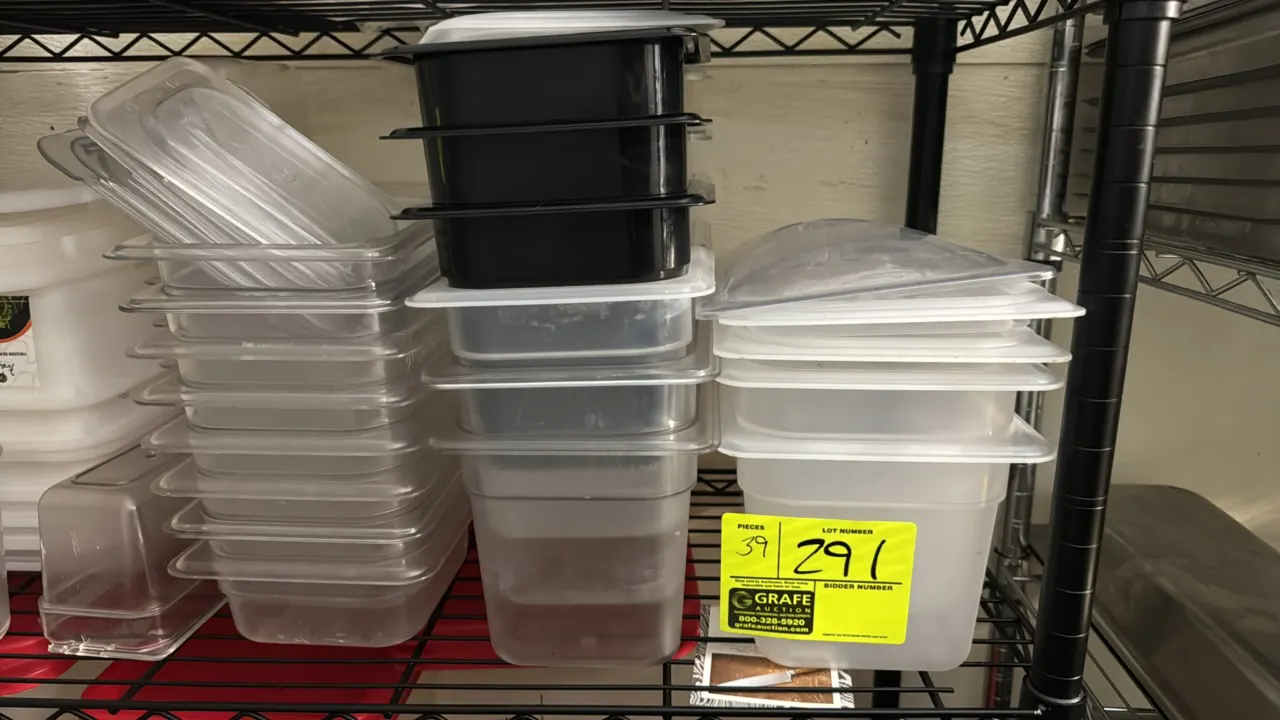 Assorted poly food pan insert containers and lids. Features various sizes and depths in clear, translucent, and black plastic construction, with corre