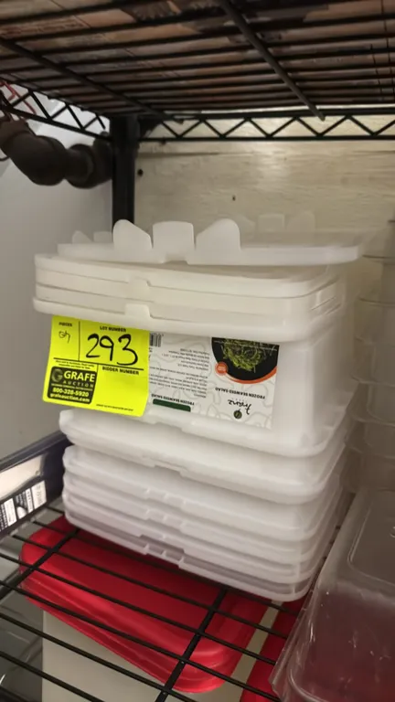Poly containers with lids. Features translucent white plastic construction with matching snap-on lids. Wire shelving and surrounding items not include