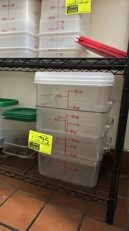 Cambro 12-quart food storage containers. Features clear square construction, molded-in side handles, and red measurement graduations in quarts and lit