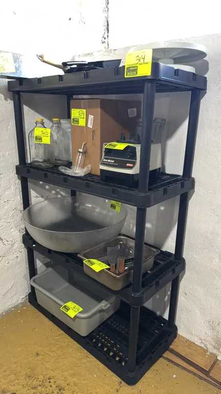 Poly 4-tier shelving rack. Features ventilated plastic shelves. 36" x 18" x 55". Contents not included.