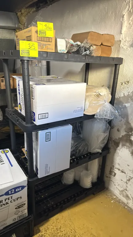 Poly 4-tier shelving rack. Features ventilated plastic shelves and tubular upright posts. 36"W x 18"D x 55"H. Contents not included.