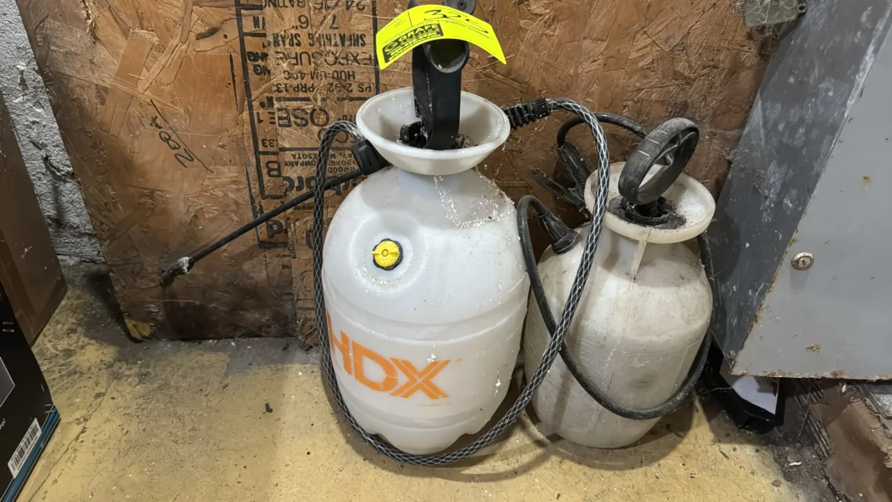 HDX and unbranded manual poly pump sprayers. Features translucent polyethylene tanks, top pump handles, flexible hoses, and spray wand.