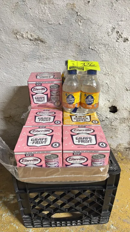 Assorted beverage package lot. Includes Barritt's non-alcoholic sparkling grapefruit soda, Barritt's ginger beer, and White Rock tonic water. Features