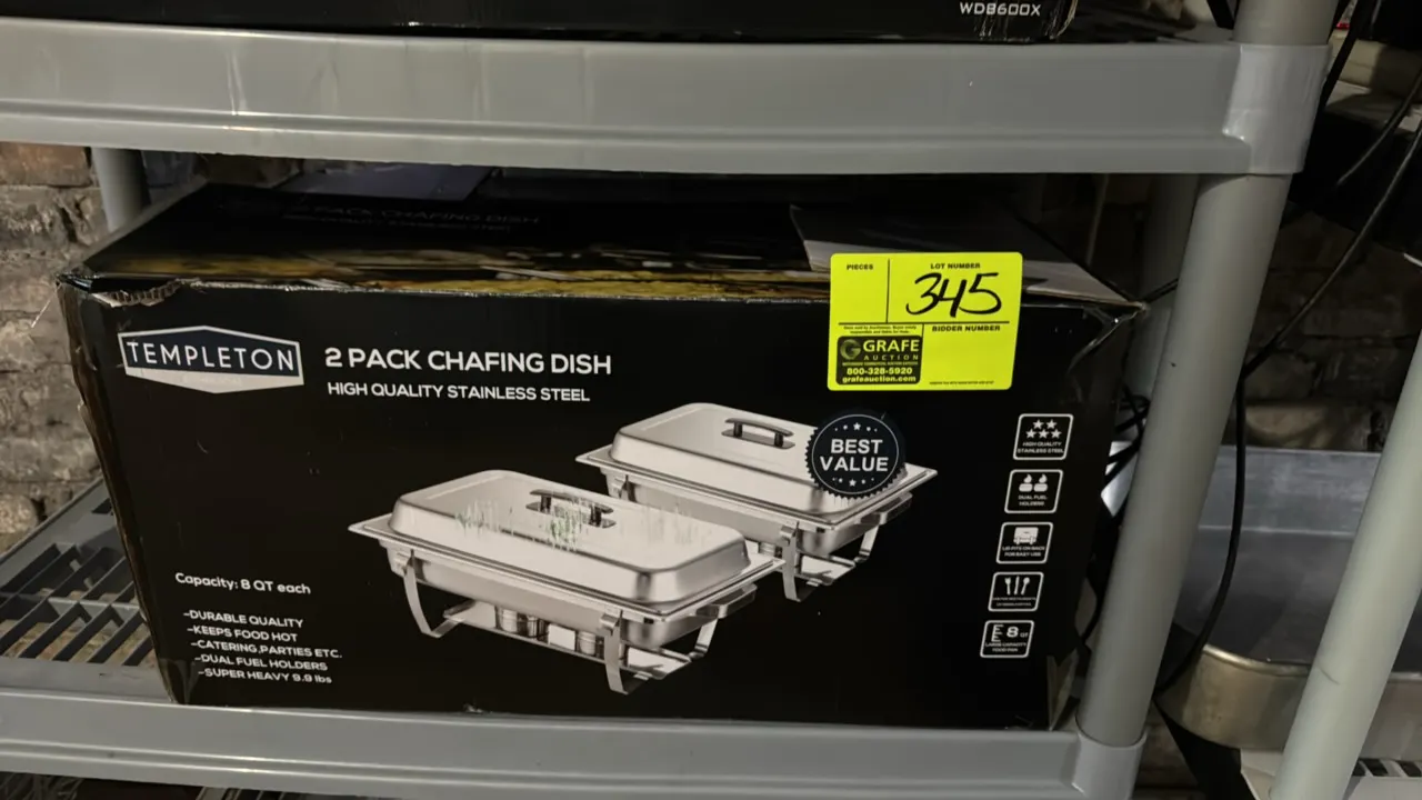 Templeton 2-pack stainless steel chafing dish set. Includes (2) 8 qt capacity chafers with lids, stands, and dual fuel holders. In original box.