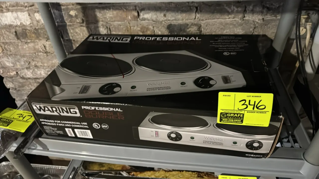 Waring WDB600X Professional electric double burner. Features stainless steel housing, dual 7" cast iron burner plates, independent temperature control