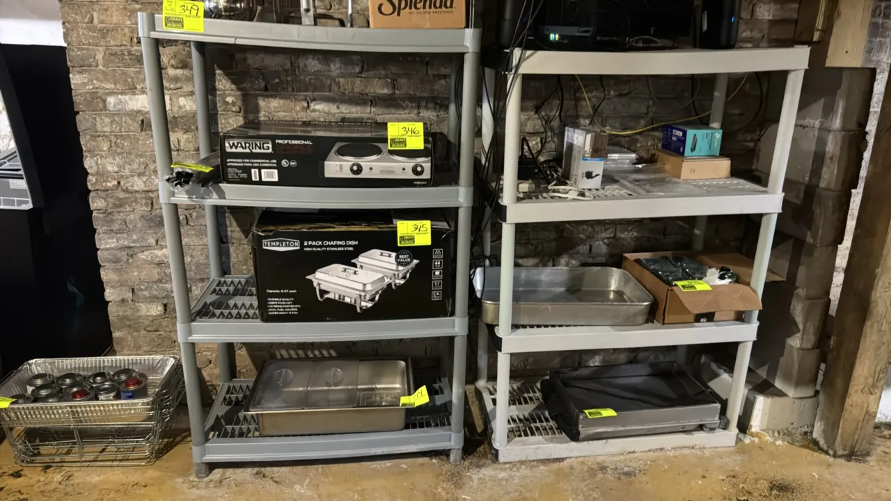 Poly 4-tier shelving racks. Features molded plastic construction with ventilated shelves. 36"W x 18"D x 55"H each. Contents not included.