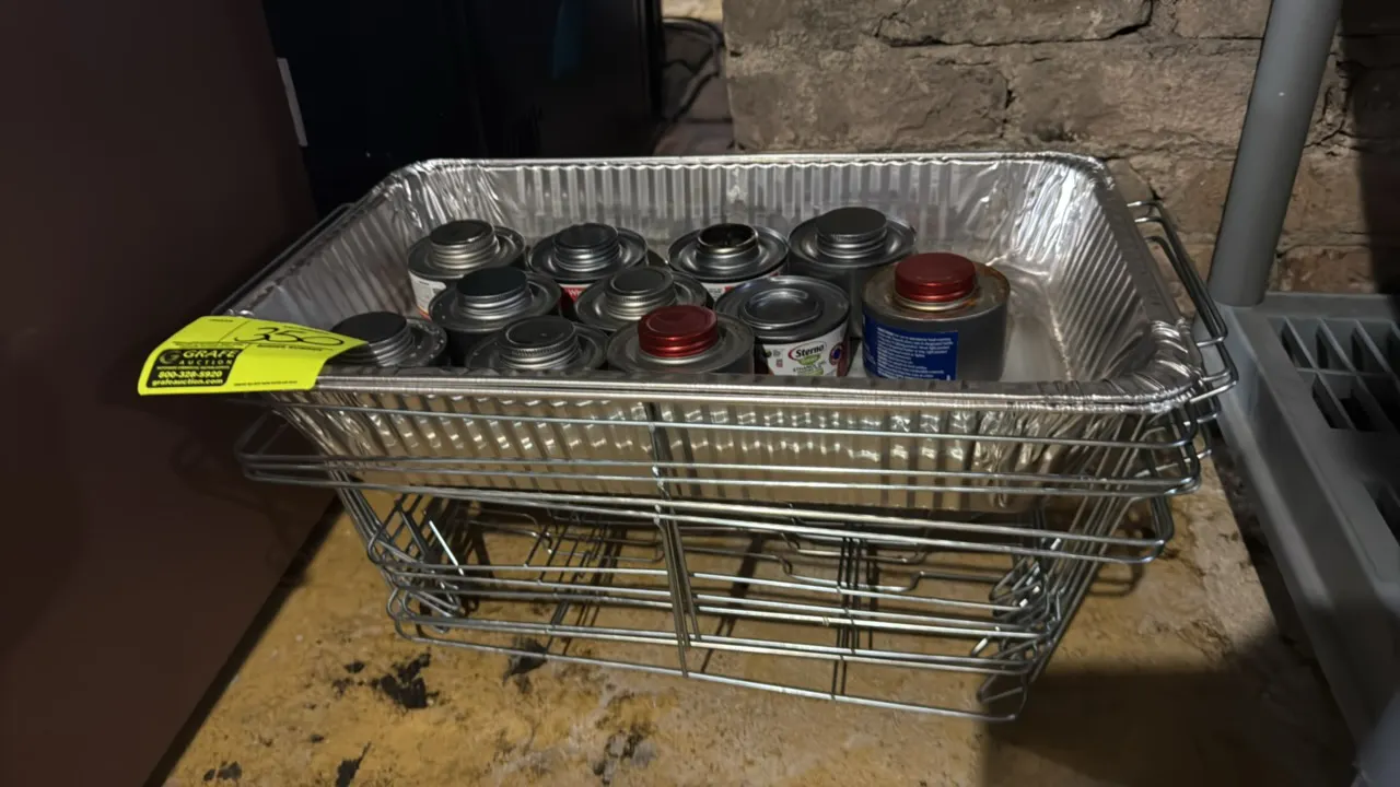Full-size wire metal chafing pan frames with aluminum pans and Sterno chafing fuel cans. Includes stacked wire chafing stands, disposable aluminum pan
