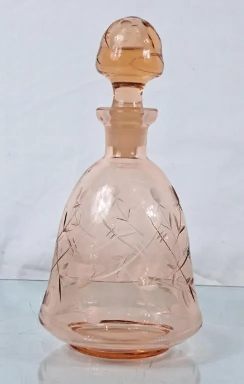 Vintage Peach Coloured Etched Glass Decanter -