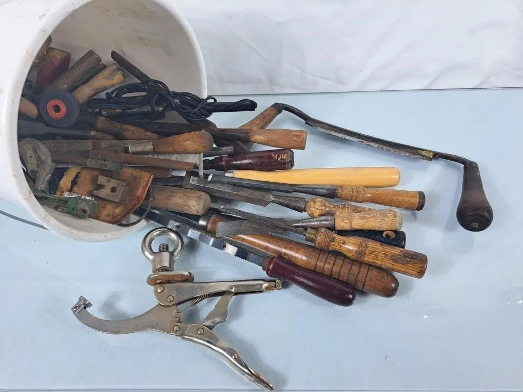 Bucket of Vintage Wood Handled Tools