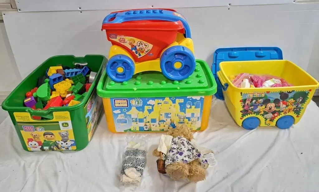 John deere tub and 2 tubs of mega blocks, and