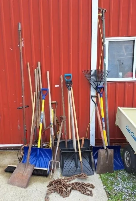 Garden tools! Chain, shovels, pitchforks, broom,