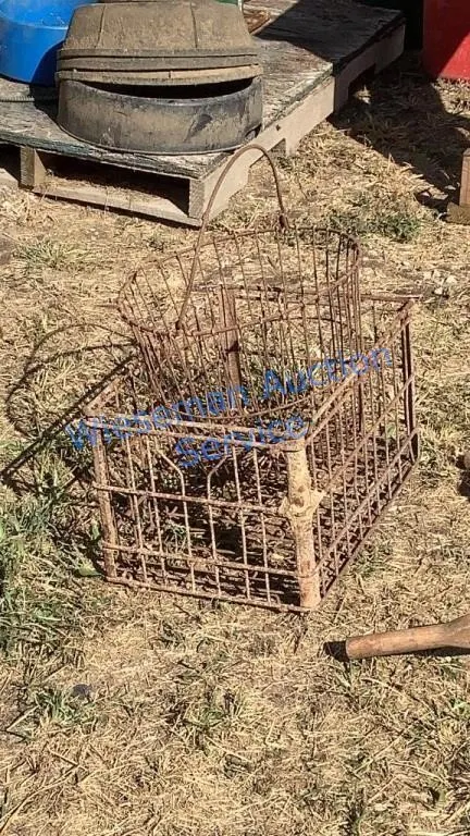 METAL MILK CRATE, VINTAGE EGG BASKET