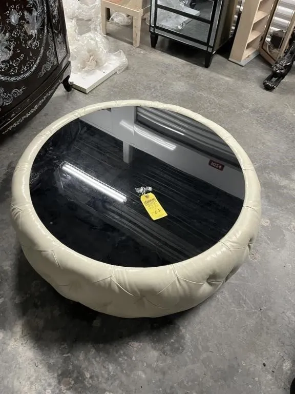 ABBYSON LIVING WHITE LEATHER OTTOMAN TABLE - 40''