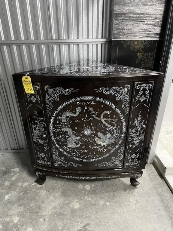 BROWN & GOLD ORIENTAL CORNER BAR CABINET WITH MOTH