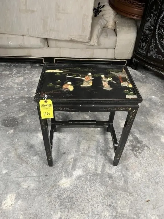 ORIENTAL END TABLE WITH RAISED FIGURES
