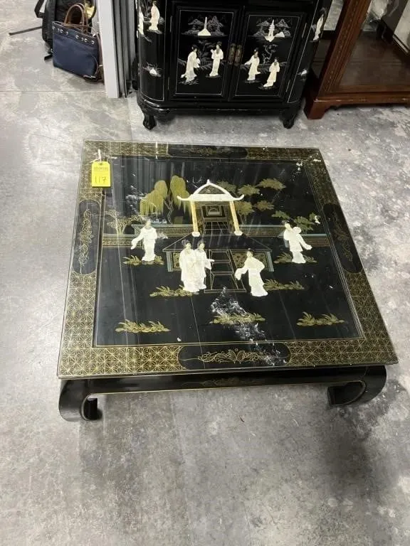 ORIENTAL BLACK LACQUER COFFEE TABLE WITH RAISED FI