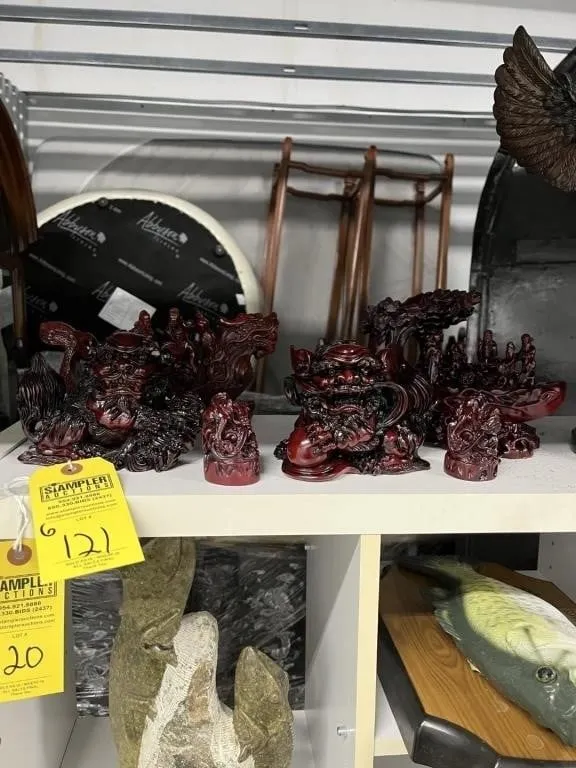 CHINESE FOO DOGS, DRAGONS & BOAT SCULPTURES