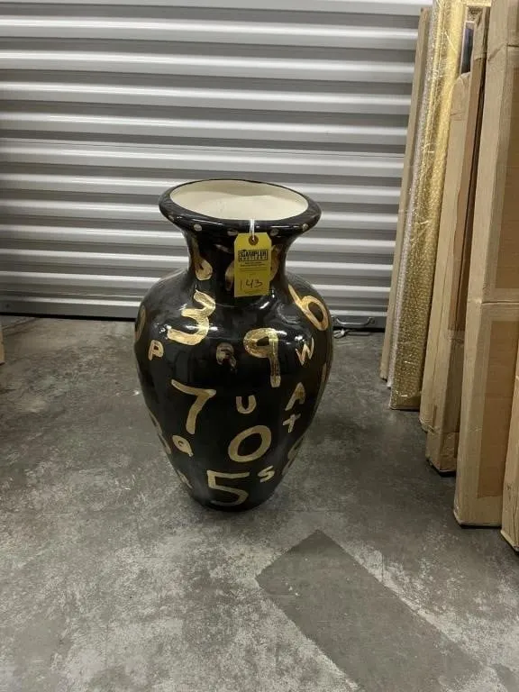 LARGE VASE WITH GOLD LETTERS & NUMBERS - SIGNED -
