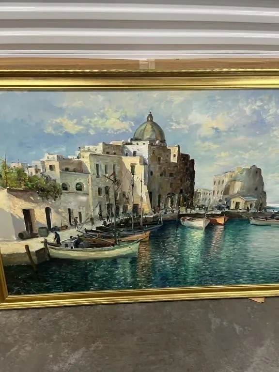 FRAMED OIL PAINTING - COASTAL HARBOR SCENE - SIGNE