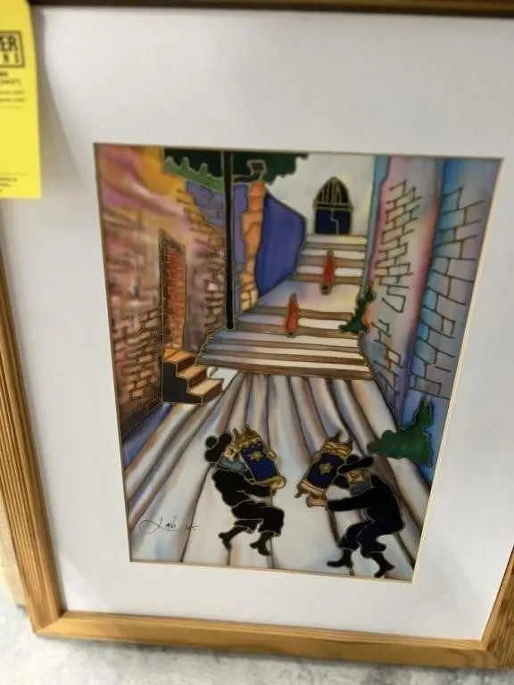 HAND PAINTED ON SILK VINTAGE JUDAICA FOLK ART - SI