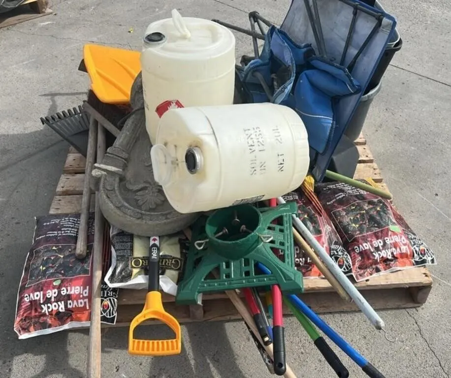 Pallet w/Garden Tools, Christmas Tree Stand,