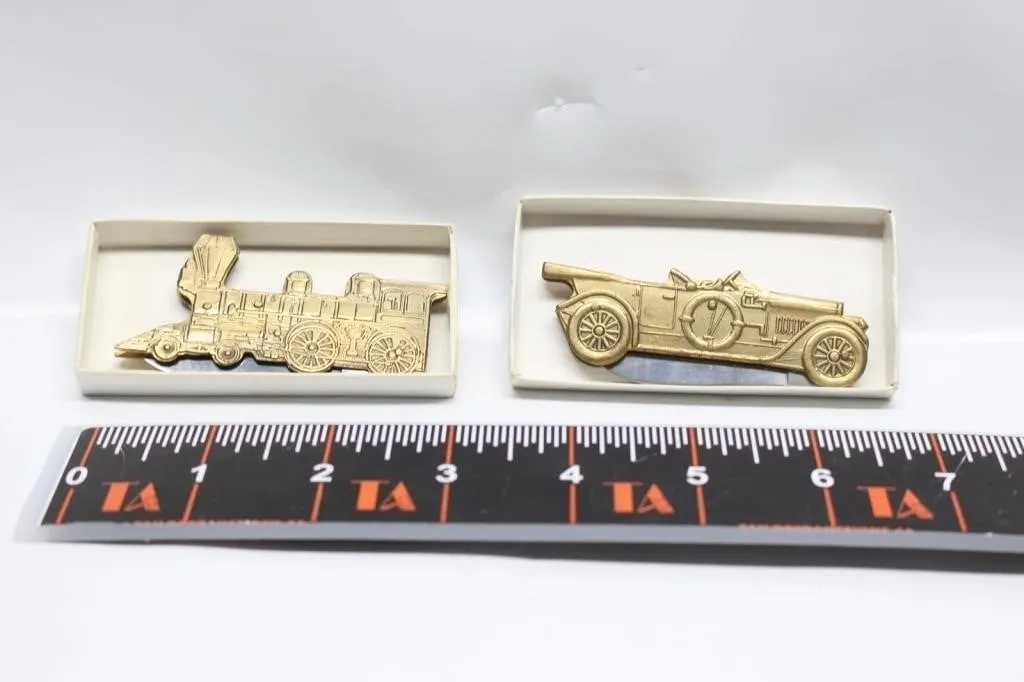 Brass Train & Vintage Car Figurine Set