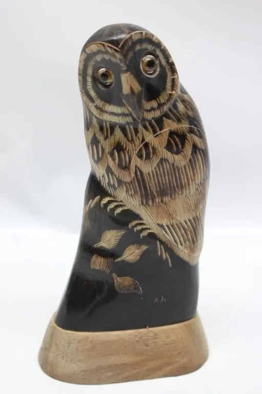 Carved Horn Owl Figurine, 7" Tall