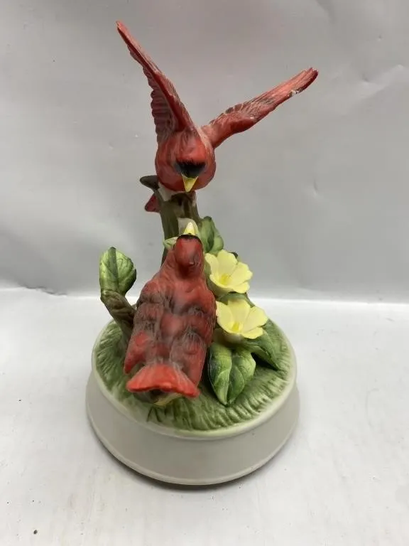 Porcelain Cardinal Birds Figurine with Flowers