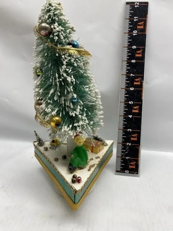 Vintage Japan Bottle Brush Tree w/ Elf, Jingle
