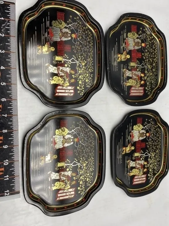 Set of 4 Black Lacquer Asian-Motif Metal Trays