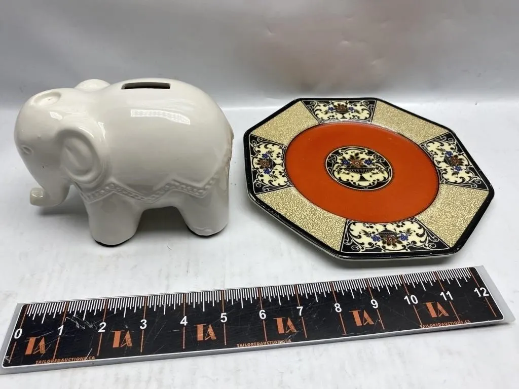 Elephant piggy bank & Wedgwood Nanette octagonal
