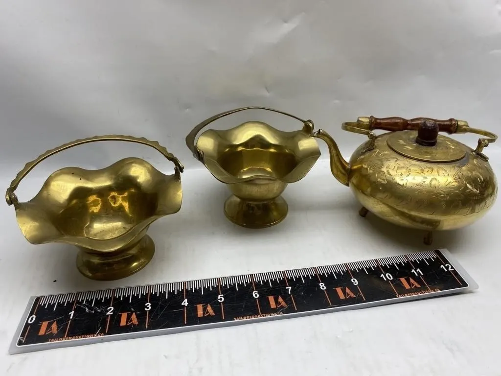 Brass Serving Set: Teapot & Two Handled Baskets