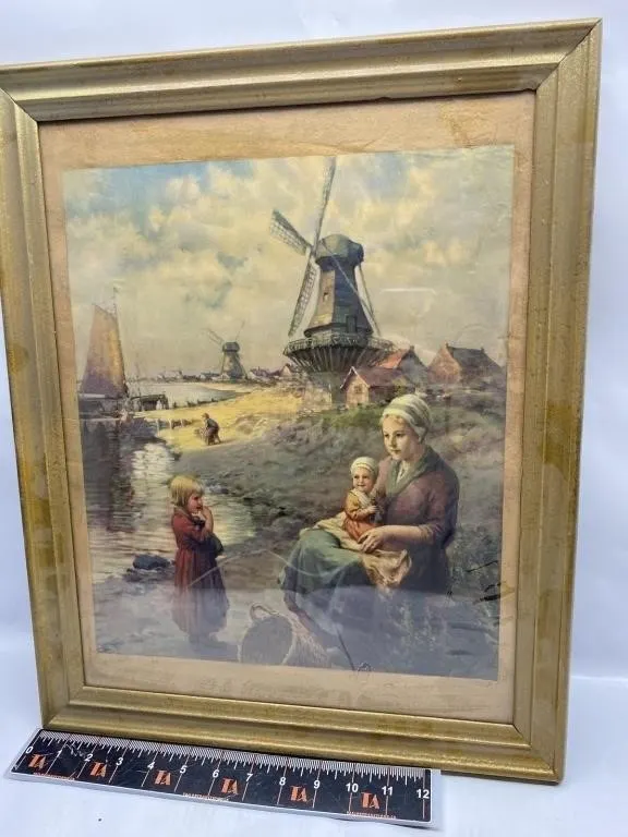 Framed Dutch Windmill Print, Mother & Children
