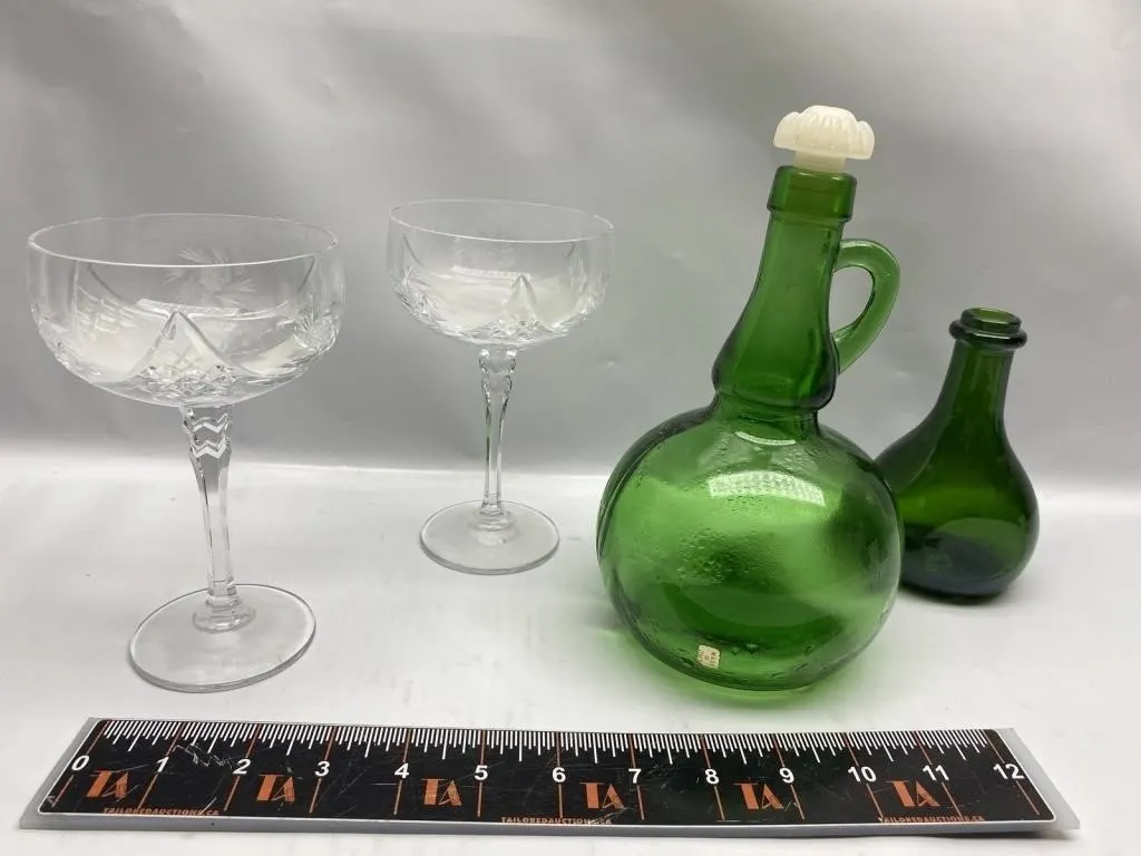 Crystal coupe glasses & green glass cruet/bottle