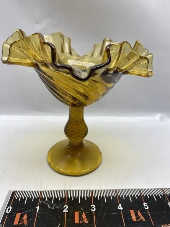 Amber Ruffled Glass Compote on Pedestal