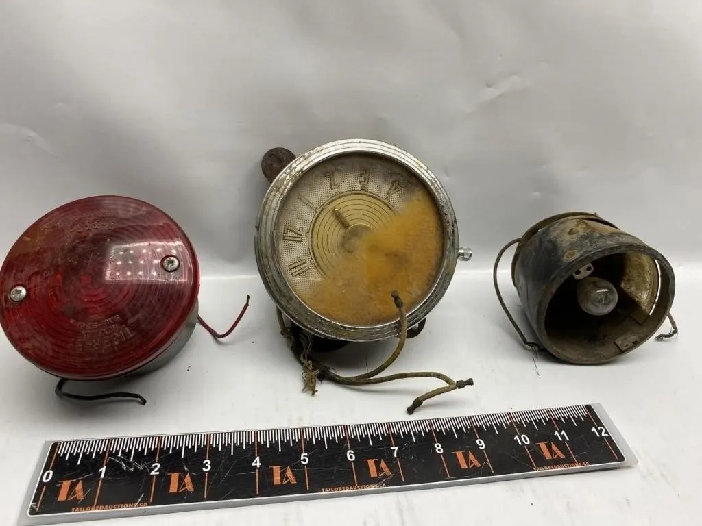 Vintage car gauges: tail light lens, clock &