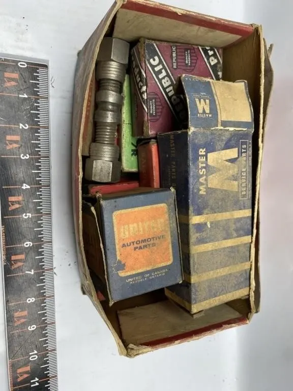 Vintage automotive parts box: seals, fittings,