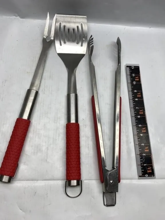 Stainless BBQ Grilling Tool Set with Red Handles