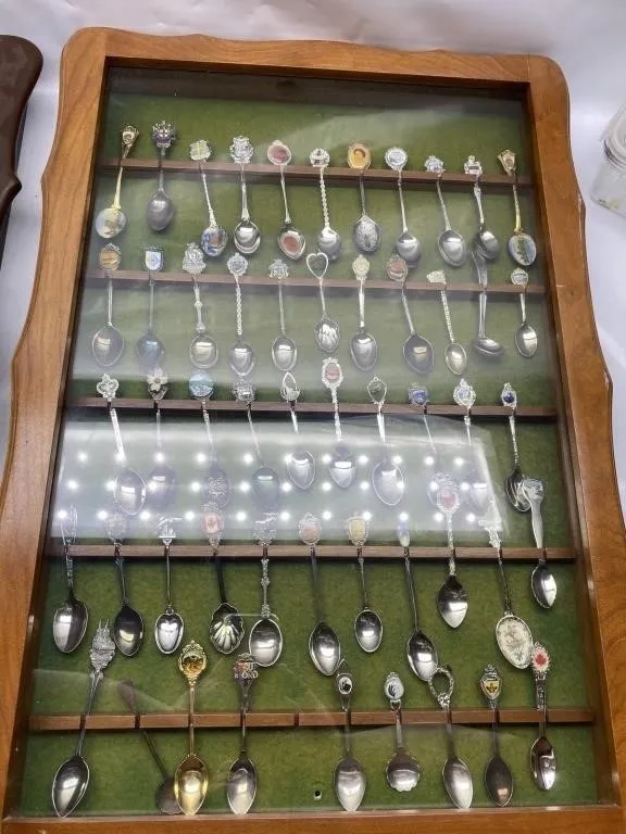 Souvenir Spoon Collection in Wood Display Case