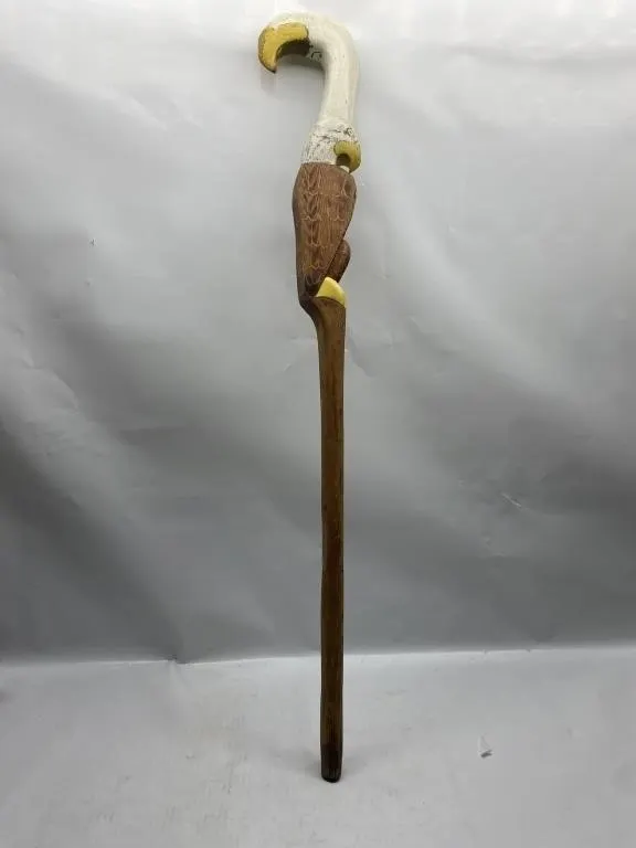 Hand-Carved Wooden Walking Cane, Bird Handle