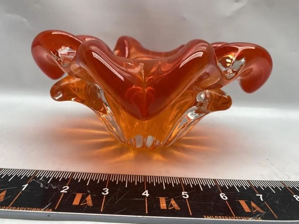 Amber Murano-Style Art Glass Ruffled Bowl