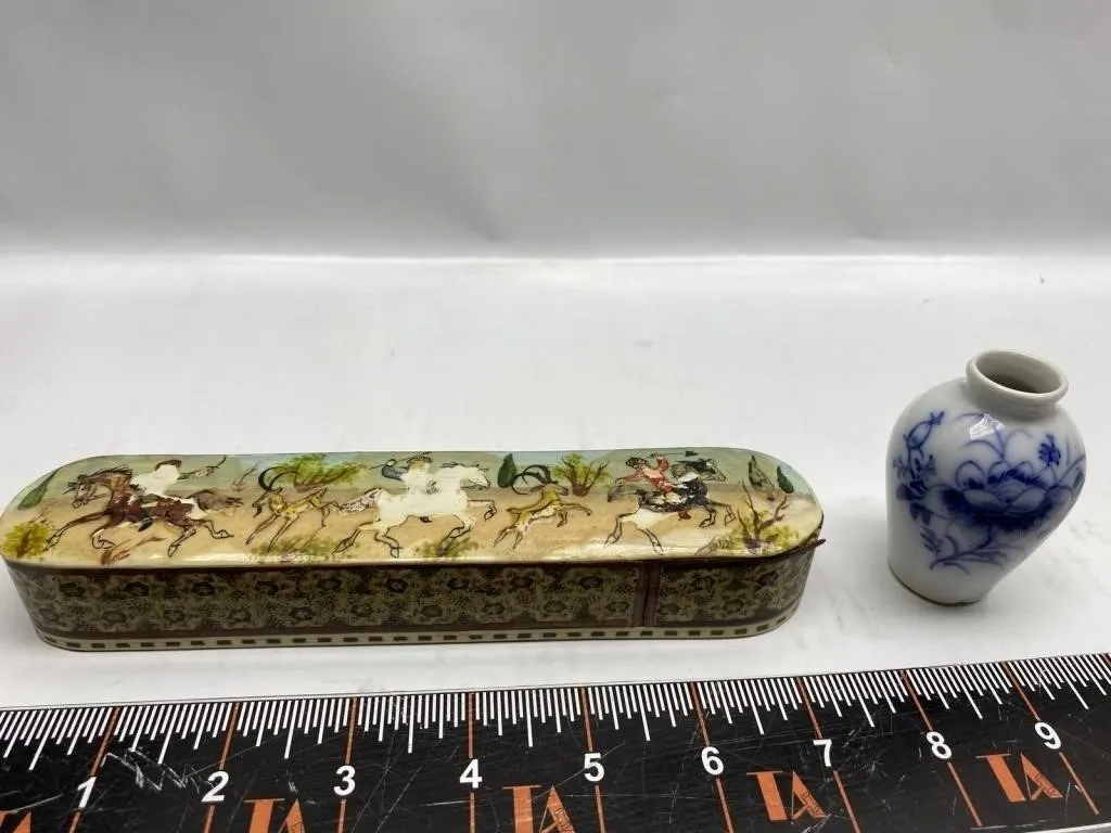 Persian lacquer pen box and blue & white porcelain