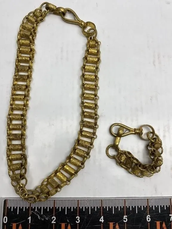 Antique gold-tone book-link chain bracelet & fob