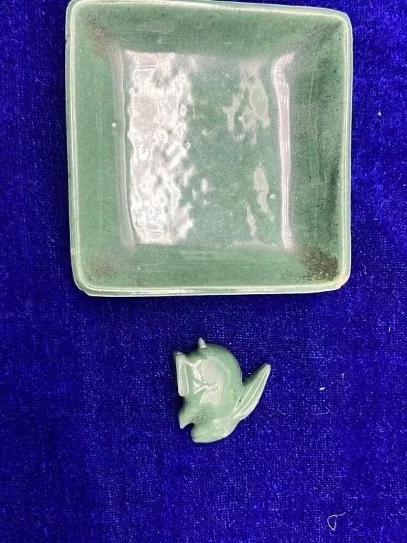 Green Ceramic Dish and Rabbit/Bird Figurines