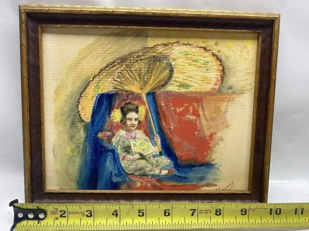Watercolor Painting, Geisha with Parasol, Framed