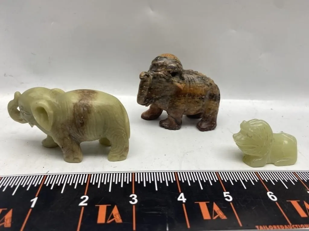 Three Carved Stone Elephant & Lion Figurines
