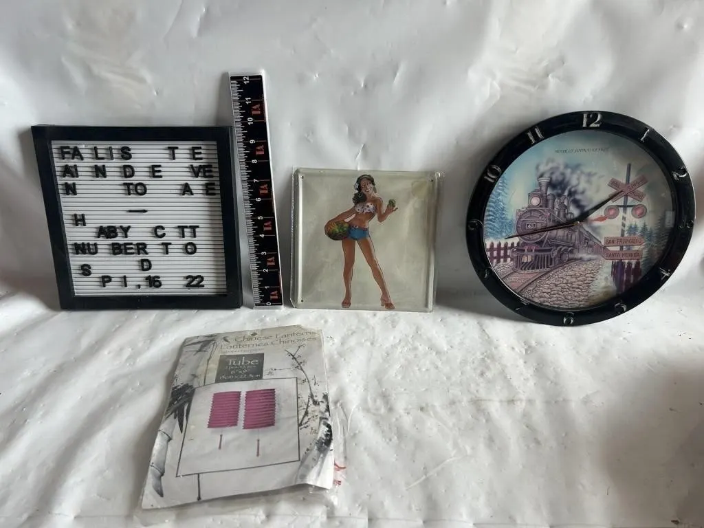 Letter board, clock, tin sign, ruler & lanterns