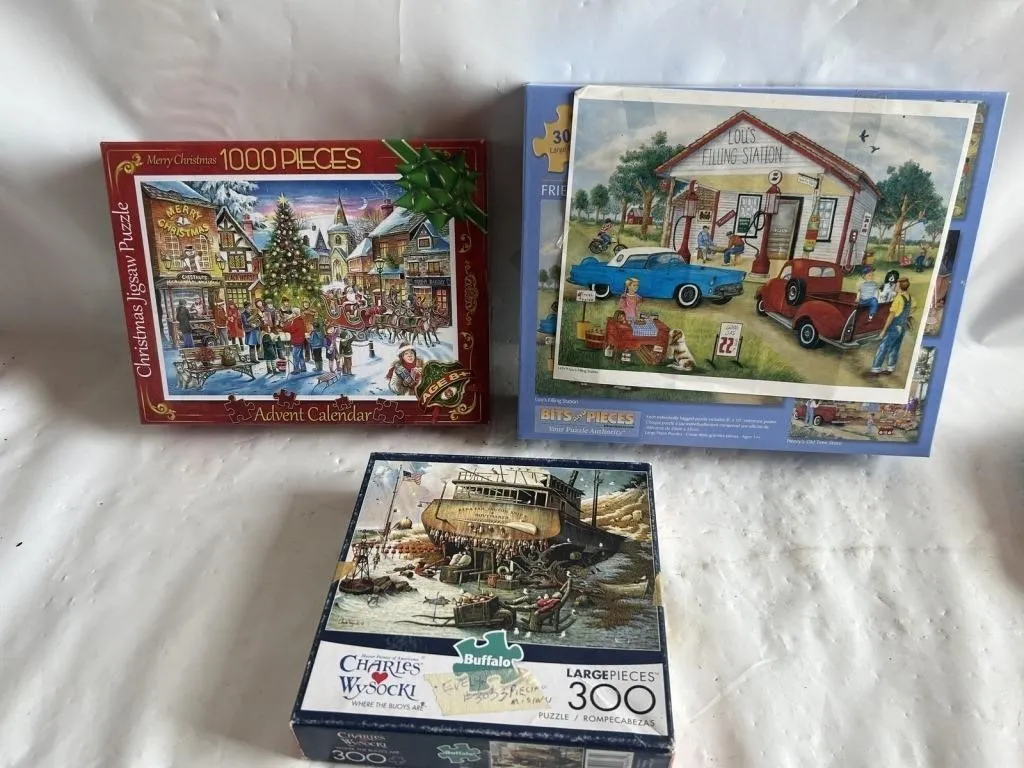 Three jigsaw puzzles: Christmas, Filling Station,
