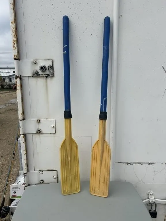 Pair of Wooden Oars with Blue Grips